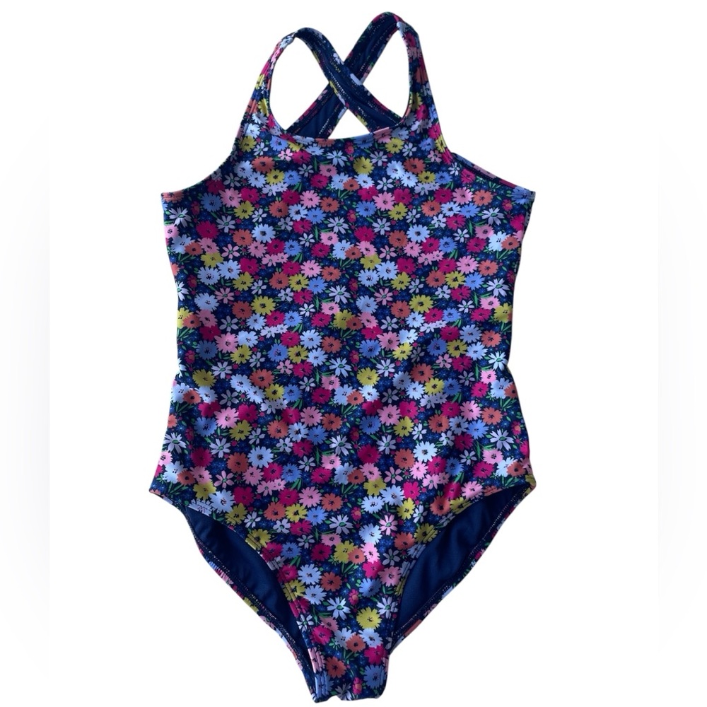 GAP Navy Multi Floral One-Piece Swimsuit Low Back Lined Girls XL New